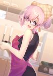  1girl : alternate_hairstyle apron bare_arms bare_shoulders black-framed_eyewear black_dress blurry blurry_background blush cabinet commentary_request dress eyebrows_visible_through_hair fate/grand_order fate_(series) from_side frying_pan glasses hair_over_one_eye head_scarf hisayaki_kyuu holding indoors kitchen lips looking_at_viewer looking_to_the_side open_mouth pink_apron pink_eyes pink_hair ponytail pot shielder_(fate/grand_order) shiny shiny_hair short_hair sleeveless sleeveless_dress solo spatula upper_body 
