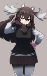  1girl antlers black_hair black_shirt black_skirt cowboy_shot fur_trim grey_background hand_in_hair hand_on_hip highres kemono_friends long_hair long_sleeves looking_away looking_to_the_side moose_(kemono_friends) moose_ears pantyhose parted_lips pleated_skirt pom_pom_(clothes) shirt simple_background skirt solo standing sumiyao_(amam) white_legwear white_shirt 