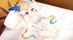  1girl artist_request bangs bare_arms bare_legs bare_shoulders barefoot bed bed_sheet between_legs blonde_hair blue_hair blue_ribbon breasts camisole cleavage eyebrows_visible_through_hair eyelashes frills from_above full_body game_cg gradient_hair granblue_fantasy green_hair hair_ribbon hand_between_legs indoors io_euclase long_hair looking_at_viewer looking_up multicolored_hair navel on_bed panties pillow ribbon sitting sitting_on_bed small_breasts solo spaghetti_strap splush_wave stomach twintails underwear very_long_hair wooden_floor 