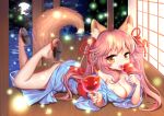  1girl animal_ears ass breasts cleavage eating fang fate/extra fate/grand_order fate_(series) food fox_ears fox_tail full_moon japanese_clothes large_breasts long_hair looking_at_viewer luobo1220 lying moon nature night on_stomach open_mouth pink_hair solo tail tamamo_(fate)_(all) tamamo_no_mae_(fate) tree tree_shade twintails water yellow_eyes 