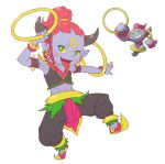  :d armband blush_stickers bracelet braid drawfag earrings facial_mark forehead_mark full_body green_eyes grey_skin highres hoopa horns jewelry male_focus midriff monster_boy navel open_mouth personification pink_hair pokemon pokemon_(creature) ponytail smile tongue tongue_out yellow_sclera 
