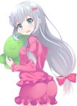 1girl ass bangs blush bow eromanga_sensei eyebrows_visible_through_hair from_behind hair_bow holding izumi_sagiri long_hair looking_at_viewer looking_back low-tied_long_hair maccha open_mouth pajamas pink_bow simple_background solo stuffed_animal stuffed_octopus stuffed_toy tareme thighs white_background 