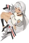  1girl altera_(fate) bangs black_legwear black_nails commentary_request dark_skin detached_sleeves fate/extella fate/extra fate_(series) hand_on_thigh hayashi_kewi leg_warmers legs looking_at_viewer looking_up nail_polish red_eyes sash shirt short_hair silver_hair sitting skirt socks solo swept_bangs tattoo veil white_hair white_shirt white_skirt 