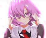  1girl black-framed_eyewear fate/grand_order fate_(series) floating_hair hair_between_eyes hikashou necktie petals portrait purple_hair red_necktie shielder_(fate/grand_order) short_hair simple_background smile solo violet_eyes white_background 