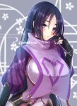  1girl absurdres black_gloves blush bracer breasts closed_mouth eyes_visible_through_hair fate/grand_order fate_(series) gloves hair_between_eyes highres japanese_clothes large_breasts long_hair looking_at_viewer minamoto_no_raikou_(fate/grand_order) puffy_sleeves purple_hair short_eyebrows smile solo tabard tanaji twitter_username upper_body violet_eyes 