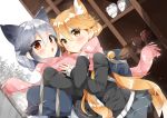 2girls animal_ears bag bag_charm bangs black_jacket blonde_hair blush brown_eyes carrying_bag carrying_over_shoulder cat_ears charm_(object) closed_mouth commentary_request eyebrows_visible_through_hair ezo_red_fox_(kemono_friends) gau_(n00_shi) grey_hair hair_between_eyes jacket kemono_friends long_hair long_sleeves looking_at_viewer multiple_girls open_mouth pink_scarf pleated_skirt scarf school_bag school_uniform shoe_lockers silver_fox_(kemono_friends) skirt standing winter yellow_eyes 