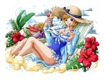  1girl :p blonde_hair blue_eyes blue_jacket blue_ribbon blue_swimsuit bodskih breasts casual_one-piece_swimsuit cleavage collarbone flower frilled_swimsuit frills hat hat_ribbon hibiscus hooded_jcket jacket jewelry koala_(one_piece) large_breasts looking_at_viewer necklace one-piece_swimsuit one_piece open_clothes open_jacket parfait red_flower ribbon short_hair sitting solo straw_hat striped striped_ribbon sun_hat swimsuit tongue tongue_out transparent_background 