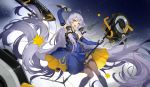  1girl :d ahoge black_legwear commentary_request detached_sleeves hair_tubes holding long_hair looking_at_viewer low_ponytail microphone nine_(liuyuhao1992) open_mouth silver_hair smile solo speaker thigh-highs vocaloid vocanese xingchen yellow_eyes 