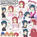  blue_hair diamond_mouth hair_bun headband highres kunikida_hanamaru kurosawa_ruby long_hair love_live! love_live!_school_idol_project love_live!_sunshine!! mikurun redhead sakurauchi_riko side_bun takami_chika translation_request tsushima_yoshiko two_side_up watanabe_you winking 