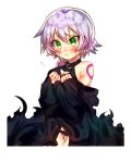  1girl :&gt; assassin_of_black bangs bare_shoulders black_panties black_robe black_shirt blush breasts cleavage closed_mouth commentary_request cowboy_shot eyebrows_visible_through_hair fate/apocrypha fate_(series) flying_sweatdrops green_eyes hair_between_eyes hands_up head_tilt mozu_1oo panties purple_hair robe scar scar_across_eye scar_on_cheek shirt short_hair simple_background small_breasts solo underwear white_background 