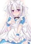  1girl apron artist_request ayachi_nene blush breasts cleavage dress hair_ribbon highres long_hair open_mouth ribbon sanoba_witch short_sleeves silver_hair solo violet_eyes 