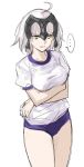  ... 1girl ahoge alternate_costume blue_buruma breasts buruma clenched_teeth crossed_arms eyebrows_visible_through_hair fate/grand_order fate_(series) headpiece highres jeanne_alter legs_together looking_to_the_side medium_breasts ruler_(fate/apocrypha) sharp_teeth shirt short_sleeves silver_hair simple_background sketch solo speech_bubble spoken_ellipsis standing teeth tetsu_(kimuchi) white_background white_shirt yellow_eyes 