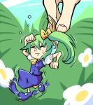  1girl :t arm_up blush bow chibi clenched_hands closed_eyes daiyousei eyebrows_visible_through_hair fairy_wings flower flying_sweatdrops full_body green_hair hair_between_eyes hair_bow irony minigirl motion_lines puffy_short_sleeves puffy_sleeves restrained setz shoes short_hair short_sleeves side_ponytail skirt skirt_set solo solo_focus sweatdrop touhou wings 