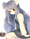  1girl abe_suke alternate_hair_length alternate_hairstyle animal_ears arms_at_sides bangs blush bowl closed_mouth dress eyebrows_visible_through_hair from_side grey_dress grey_hair highres jewelry long_hair long_sleeves looking_at_viewer looking_to_the_side mouse mouse_ears mouse_tail nazrin necklace pendant red_eyes signature simple_background sitting solo speech_bubble spoken_zzz swept_bangs tail touhou very_long_hair white_background 