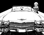  1girl butler cadillac cadillac_eldorado car cross cross_earrings earrings expressionless foreshortening formal gabriel_dropout gloves ground_vehicle highres jewelry license_plate long_sleeves martiel monochrome motor_vehicle nyaroon short_hair solo suit windshield 