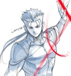  1boy armor bangs blue character_name earrings fate/stay_night fate_(series) gae_bolg hand_up highres holding holding_sword holding_weapon jewelry lance lancer light_smile looking_at_viewer male_focus monochrome parted_lips polearm ponytail red_eyes sketch solo spaulders spot_color sword tetsu_(kimuchi) upper_body weapon 