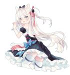  1girl animal_ears apron azur_lane bangs bare_shoulders black_bow black_dress blue_bow blue_eyes blush bow cat_ears cat_hair_ornament commentary_request detached_sleeves dress eyebrows_visible_through_hair fang frilled_dress frills hair_bow hair_ornament hair_ribbon hammann_(azur_lane) highres kikka_(kicca_choco) long_hair looking_at_viewer looking_back one_side_up open_mouth puffy_short_sleeves puffy_sleeves red_ribbon ribbon short_sleeves silver_hair simple_background solo thigh-highs v-shaped_eyebrows very_long_hair waist_apron white_apron white_background white_legwear wrist_cuffs 