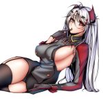 1girl azur_lane black_legwear breasts double-breasted garter_straps gloves grey_gloves headgear highres large_breasts long_hair looking_at_viewer open_mouth orange_eyes prinz_eugen_(azur_lane) sideboob silver_hair sitting solo tetsu_(excalibur920) thigh-highs tongue tongue_out very_long_hair 