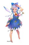  1girl ;( blann blue_bow blue_dress blue_eyes blue_hair blush bow cirno closed_mouth dress flower food fruit full_body hair_bow ice ice_wings looking_at_viewer morning_glory neck_ribbon plant puffy_short_sleeves puffy_sleeves red_ribbon ribbon short_hair short_sleeves solo standing sunflower tan tanned_cirno touhou vines watermelon wings 