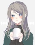  1girl blue_eyes blush cup grey_background grey_hair grey_sweater holding holding_cup long_hair long_sleeves looking_at_viewer p2_(uxjzz) parted_lips ribbed_sweater solo steam sweater upper_body 
