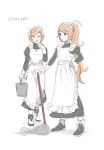  2girls alternate_costume anon_(vocaloid) apron bucket closed_mouth enmaided full_body green_eyes hand_on_hip highres holding juliet_sleeves kanon_(vocaloid) long_hair long_sleeves maid maid_apron maid_cap maid_headdress mop multiple_girls open_mouth orange_hair puffy_sleeves short_hair siblings simple_background sisters sleepy tears twins vocaloid white_background yawning 