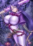  1girl bodysuit breasts cleavage fate/grand_order fate_(series) highres large_breasts long_hair looking_at_viewer masatoki minamoto_no_raikou_(fate/grand_order) navel purple_hair smile solo sword thunder very_long_hair violet_eyes weapon 