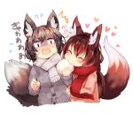  /\/\/\ 2girls animal_ears closed_eyes coat commentary_request eating eyebrows_visible_through_hair fox_ears fox_girl fox_tail hair_between_eyes highres long_hair multiple_girls multiple_tails original red_scarf scarf sukemyon sweatdrop tail translation_request 