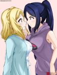  2girls blonde_hair blue_hair blush breast_press breasts commentary_request green_eyes hand_on_another&#039;s_chin hood hoodie large_breasts love_live! love_live!_sunshine!! matsuura_kanan multiple_girls ohara_mari pink_background ponytail sidelocks simple_background sleeveless symmetrical_docking tasora violet_eyes 