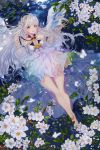  1girl absurdres angel_wings bare_shoulders barefoot blush breasts cleavage commission eyebrows_visible_through_hair flower full_body highres kimpeul long_hair looking_at_viewer lying medium_breasts on_back open_mouth original red_eyes smile solo water white_hair wings 