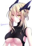  1girl artoria_pendragon_(all) artoria_pendragon_(lancer_alter) bangs bare_shoulders black_sweater blonde_hair braid breasts bright_pupils closed_mouth cropped_sweater eyebrows_visible_through_hair fate/grand_order fate_(series) headgear highres long_hair looking_at_viewer ribbed_sweater simple_background solo sweater sweater_vest tanaji turtleneck turtleneck_sweater twitter_username under_boob upper_body white_background yellow_eyes 