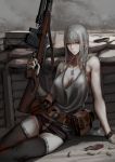  1girl assault_rifle bare_shoulders belt black_legwear breasts bullet can cigarette cigarette_box cleavage dog_tags earrings grey_eyes grey_hair gun highres holding holding_gun holding_weapon jewelry jittsu long_hair looking_at_viewer magazine_(weapon) military original pouch rifle shorts sitting solo tank_top thigh-highs trench weapon 