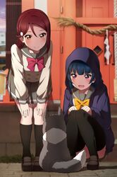 2girls :d animal anko_(love_live!_sunshine!!) bangs black_footwear black_legwear blue_hair blurry blurry_background bow bowtie brown_eyes clenched_hands dog double-breasted duplicate eyebrows_visible_through_hair hair_ornament hairclip half_updo hands_on_own_knees highres hood hood_up hooded_jacket jacket kneehighs knees_together leaning_forward loafers long_hair long_sleeves love_live! love_live!_sunshine!! multiple_girls open_mouth pleated_skirt purple_jacket red_neckwear redhead sakurauchi_riko school_uniform serafuku shiimai shoes skirt smile squatting thigh-highs tsushima_yoshiko violet_eyes yellow_neckwear