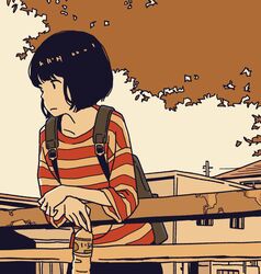  1girl against_railing autumn autumn_leaves backpack bag black_eyes black_hair black_pants bob_cut bottle building closed_mouth commentary_request evening highres holding holding_bottle horizontal_stripes hosoo leaning_forward light_frown long_sleeves looking_to_the_side original outdoors pants railing red_shirt shirt solo striped striped_shirt sunlight telephone_pole white_shirt 