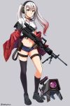  1girl aqua_eyes asymmetrical_legwear belt belt_buckle belt_pouch bipod buckle choker crop_top crop_top_overhang dinergate_(girls_frontline) general_dynamics_lwmmg girls_frontline gloves gun headset highres holding holding_gun holding_weapon jacket long_hair lwmmg_(girls_frontline) machine_gun midriff multicolored_hair ndtwofives off_shoulder red_jacket redhead scope shirt shoes short_shorts shorts silver_hair thigh-highs twintails twitter_username two-tone_hair weapon white_shirt 