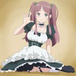  1girl black_legwear brown_background brown_hair choker closed_mouth eyebrows_visible_through_hair garter_belt green_eyes hair_bobbles hair_ornament haruyama_kazunori long_hair maid okamoto_miyu puffy_short_sleeves puffy_sleeves short_sleeves sitting smile solo thigh-highs twintails wake_up_girls! 