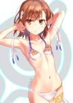  1girl armpits arms_behind_head arms_up bikini body_writing breasts brown_eyes brown_hair commentary_request cowboy_shot hair_ornament hairpin looking_at_viewer misaka_mikoto navel raika9 short_hair small_breasts solo swimsuit to_aru_kagaku_no_railgun to_aru_majutsu_no_index twitter_username 