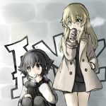  2girls bangs black_coat black_dress black_hair black_pants blonde_hair braid breath brown_eyes can carpaccio casual commentary_request dress eyebrows_visible_through_hair girls_und_panzer green_eyes hand_in_pocket highres holding long_hair long_sleeves looking_at_another looking_to_the_side multiple_girls pants pepperoni_(girls_und_panzer) short_hair side_braid sitting sketch soda_can standing wabiushi white_coat 