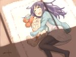  1girl :d ^_^ animal animal_hug black_legwear blush cardigan closed_eyes dog dress eyebrows_visible_through_hair facing_viewer hinata_yukari hug long_hair long_sleeves lying no_shoes on_side open_mouth pantyhose purple_hair signature smile solo umiroku white_dress yuyushiki 