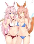  2girls absurdly_long_hair animal_ears benghuai_xueyuan blush breast_press breasts cleavage closed_mouth collarbone eyebrows_visible_through_hair fate/grand_order fate_(series) food fox_ears fox_tail highres honkai_impact large_breasts long_hair looking_at_viewer multiple_girls navel open_mouth pink_hair popsicle rabbit_ears smile swimsuit symmetrical_docking tail tamamo_(fate)_(all) tamamo_no_mae_(fate) very_long_hair violet_eyes yae_sakura_(benghuai_xueyuan) yddsb123 yellow_eyes 