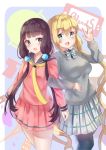  2girls absurdly_long_hair black_legwear blend_s blonde_hair blue_eyes blush breasts brown_hair copyright_name eyebrows_visible_through_hair highres hinata_kaho holmemee large_breasts long_hair looking_at_viewer medium_breasts multiple_girls open_mouth pantyhose pink_skirt sakuranomiya_maika skirt smile striped striped_skirt twintails very_long_hair violet_eyes 