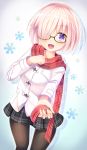  1girl bad_anatomy black_legwear black_skirt blush breasts eyebrows_visible_through_hair fate/grand_order fate_(series) glasses hair_over_one_eye highres looking_at_viewer medium_breasts open_mouth pantyhose pink_hair red_scarf scarf shielder_(fate/grand_order) short_hair skirt smile solo umitonakai violet_eyes 