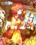  1girl bag bangs blue_eyes blue_sky blush brown_hair closed_mouth copyright_name day dress dutch_angle flower flower_request from_side holding holding_flower indoors long_hair long_sleeves looking_at_viewer miemia puffy_long_sleeves puffy_sleeves rose shoulder_bag sky standing sunlight tenkuu_no_crystalia window yellow_dress 