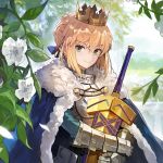  1girl ahoge andrian_gilang armor artoria_pendragon_(all) avalon_(fate/stay_night) blonde_hair blue_cape breastplate cape closed_mouth crown day excalibur eyebrows_visible_through_hair fate/grand_order fate_(series) flower fur-trimmed_cape fur_trim gauntlets green_eyes hair_bun hair_ribbon holding leaf looking_at_viewer outdoors petals portrait ribbon saber scabbard sheath shiny shiny_hair short_hair smile solo upper_body 