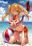  1girl ;) aestus_estus ahoge anklet arm_up artist_name ball bangs bare_legs barefoot beach beachball bead_anklet bead_bracelet beads bikini blue_sky blush bracelet breasts c: closed_mouth clouds cloudy_sky collarbone criss-cross_halter day fate/grand_order fate_(series) fisheye green_eyes hair_intakes halterneck highres jewelry kneeling large_breasts long_hair looking_at_viewer navel nero_claudius_(swimsuit_caster)_(fate) npcpepper ocean one_eye_closed outdoors planted_sword planted_weapon red_bikini side-tie_bikini sidelocks signature sky smile solo striped striped_bikini swimsuit sword thighs tsurime twintails weapon 