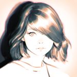  1girl face hair_over_one_eye ilya_kuvshinov looking_at_viewer monochrome original parted_lips short_hair simple_background solo 