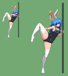  1girl :&lt; animal_ears bangs bare_arms bare_shoulders black_swimsuit blue_hair breasts covered_navel ear_clip green_background holding long_hair looking_at_viewer one-piece_swimsuit one_leg_raised pixel_art pole rabbit_ears red_eyes seiran_(touhou) simple_background small_breasts standing standing_on_one_leg swimsuit takorin thigh-highs touhou white_legwear 