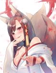  1girl akagi_(azur_lane) animal_ears asymmetrical_bangs azur_lane bangs bare_shoulders blush breasts brown_hair collarbone finger_to_mouth fox_ears fox_tail hair_ornament hands_up highres japanese_clothes kimono kitsune large_breasts long_hair looking_at_viewer multiple_tails parted_lips red_eyes shirako_sei sidelocks smile solo tail upper_body white_kimono wide_sleeves 
