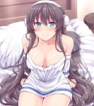  1girl azur_lane bare_shoulders bed bed_sheet black_hair blue_eyes blush breasts closed_mouth collarbone commentary_request eyebrows_visible_through_hair hair_between_eyes hasu_(hk_works) headphones long_hair long_island_(azur_lane) long_sleeves looking_at_viewer medium_breasts on_bed pillow sitting smile solo very_long_hair 