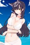 1girl absurdres animal_ears atago_(azur_lane) azur_lane bikini black_hair blue_sky blush breast_hold breasts brown_eyes choker cleavage clouds heart heart-shaped_pupils highres large_breasts long_hair looking_at_viewer mole mole_under_eye navel ocean pon_(shind_997) sky smile solo swimsuit symbol-shaped_pupils white_bikini 