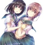  2girls ascot black_hair brown_eyes brown_hair green_eyes hand_holding looking_at_viewer meguro_megumi miyata_yuri mole mole_under_eye multiple_girls nyaa_(nnekoron) open_mouth pleated_skirt sailor_collar school_uniform short_hair skirt smile twocar 